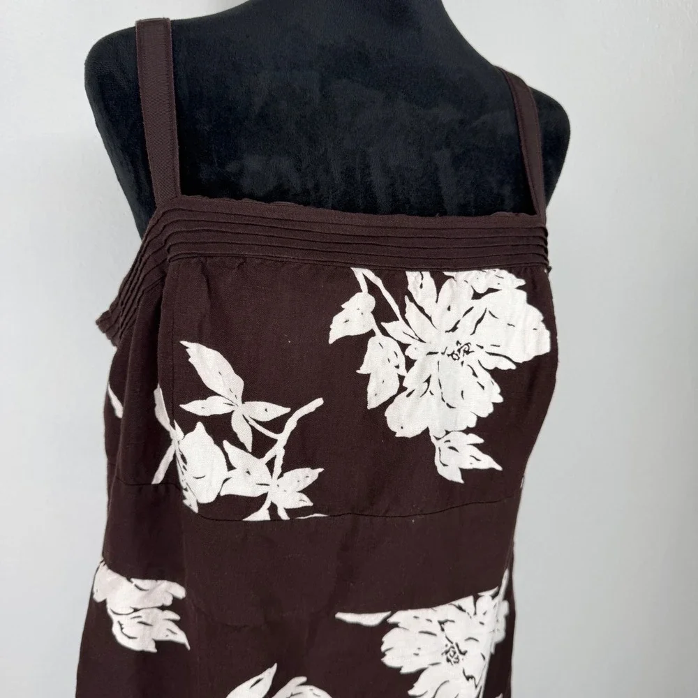 Monsoon Tropical Floral‎ Linen Blend Midi Dress Square Neck Brown Vacation 14
